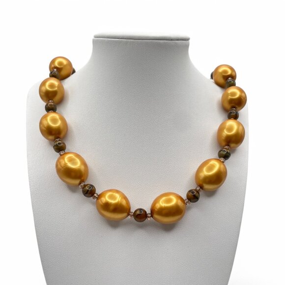 Vintage JOAN RIVERS Golden Egg Pearl Style Necklace with Tiger's Eye Beads - Picture 4 of 8